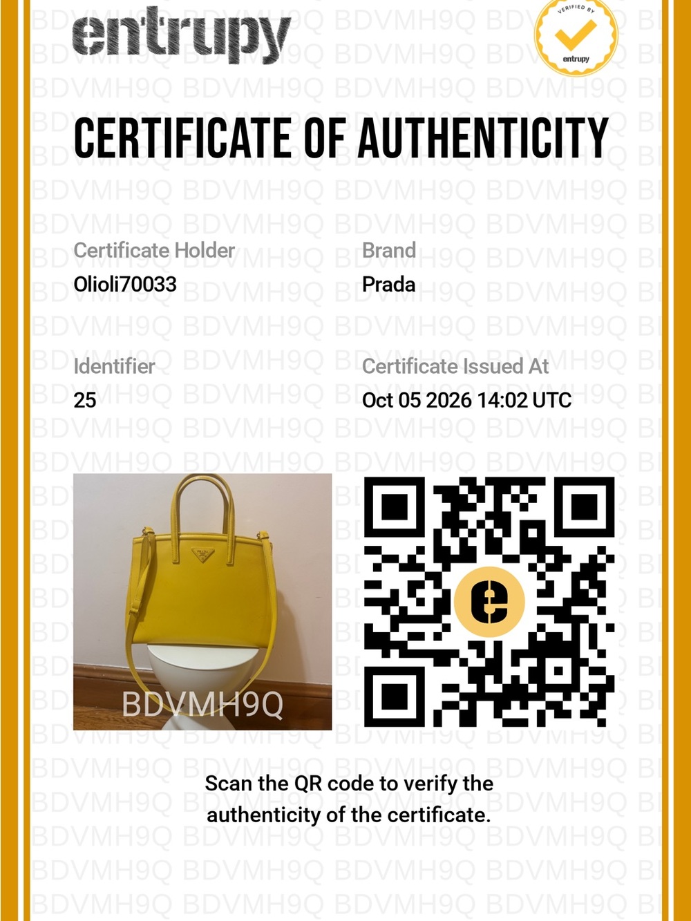 Prada BN2535 Galleria Saffiano Vernice Tote in Girasole Yellow with double COA!